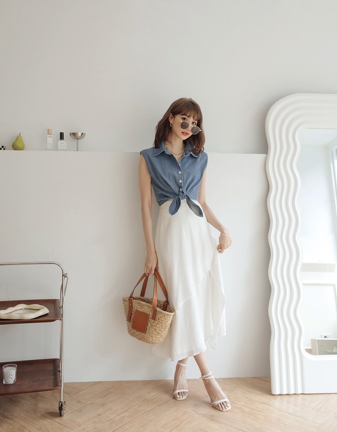 Iconic Front-Tie Denim Sleeveless Blouse