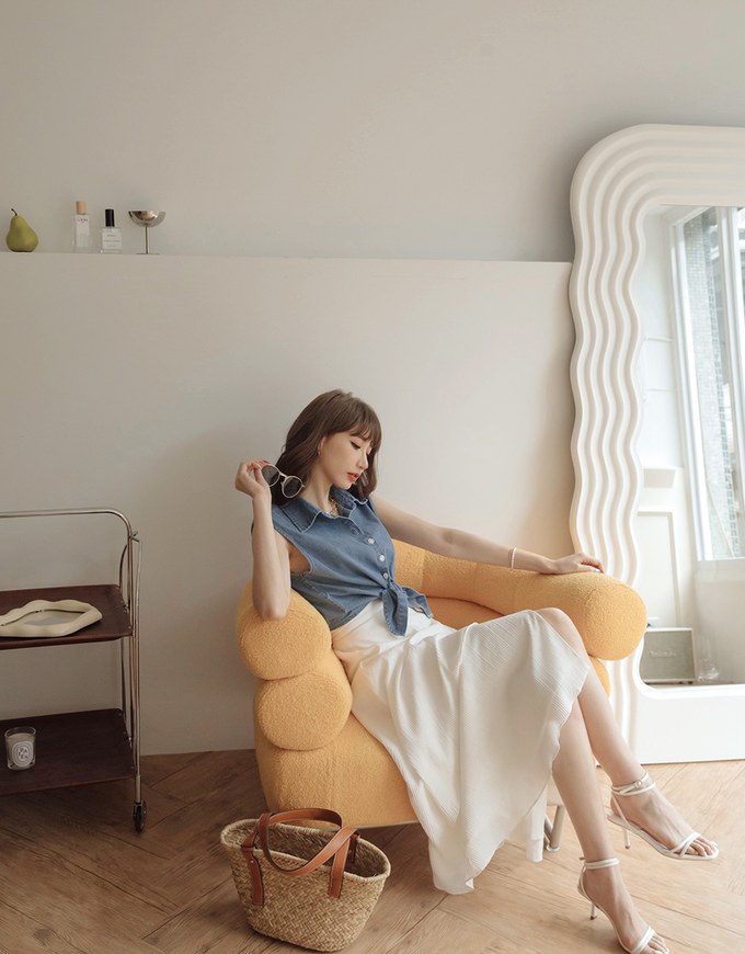 Iconic Front-Tie Denim Sleeveless Blouse