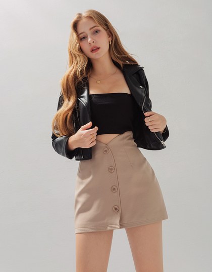 High-Waist V-Notch Buttoned Skirt