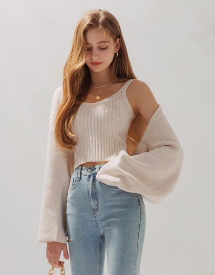 Elevated Casual Knitted Cami Crop Top + Cardigan Set Wear