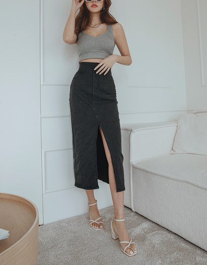 No Filter High-Waisted Snatched Waist Shape-Up Slimming Slit Denim Midi Skirt