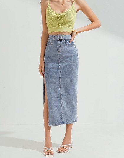 Denim Pencil Skirt With Side Slit (Belt Included)