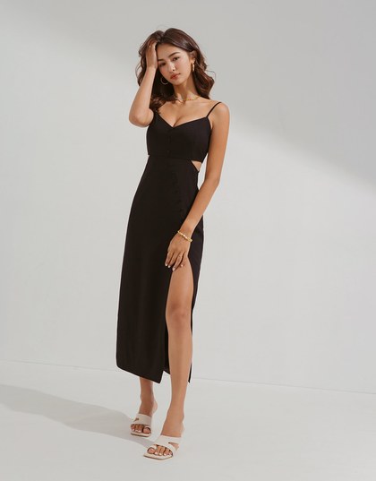 Side Cutout Slit Slim-Shoulder Dress (With Padding)