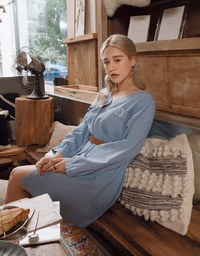 Voguish Buttoned Puffy Denim Mini Dress(With belt)